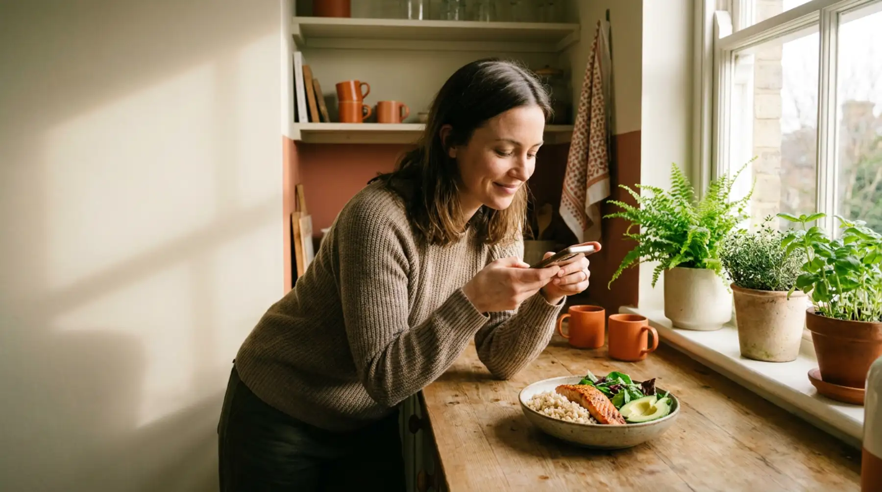 A woman photographs her lunch bowl to log it in Fitzters