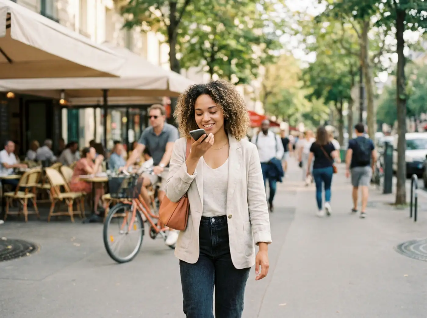 A woman logs her lunch with a voice note on her walk back to work